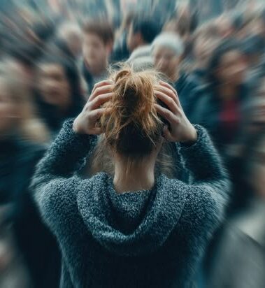 crowded street scene showing a woman feeling overwhelmed in the midst of a large group of people during daytime